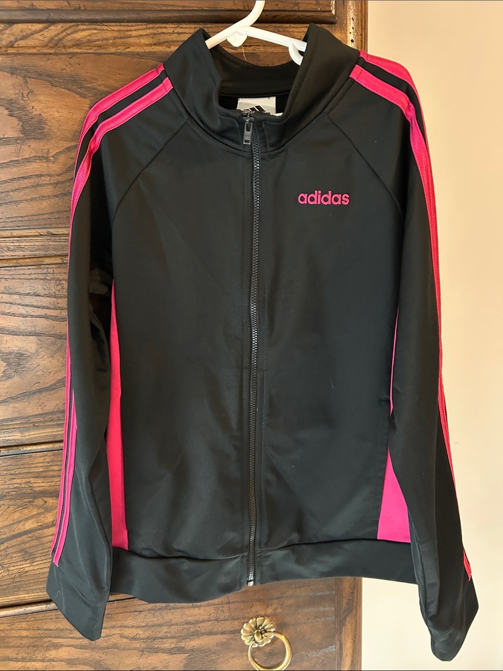adidas Black and Hot Pink Girls' Zip-Up Track Jacket, Size L